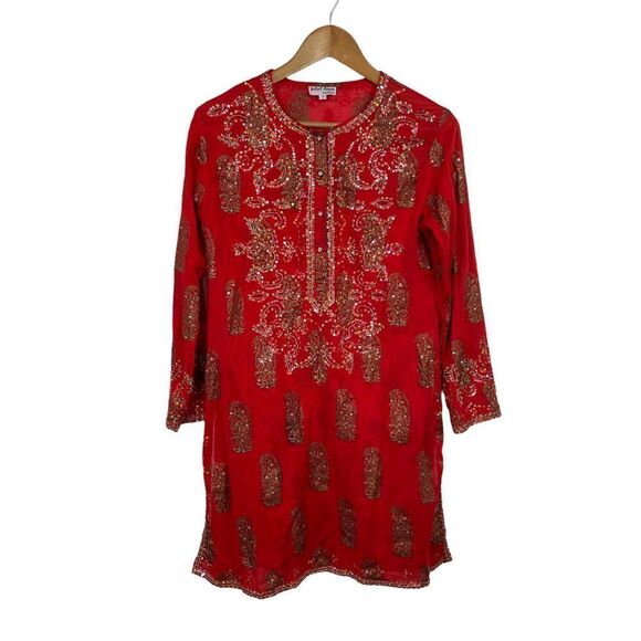 Juliet Dunn London Red Heavy Beaded Tunic Dress Women’s Size 1 (4-6) - Picture 1 of 8